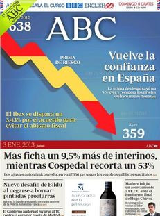 Abc: "Torna la confiança en Espanya" i "Mas fitxa un 9,5% més d'interins mentre Cospedal en retalla un 53%"