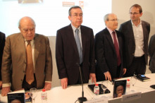 Jordi Pujol, José Montilla i Joan Herrera, a l'homenatge a Santiago Carrillo i presentació del llibre 'Mi testamento político', aquest divendres al migdia.