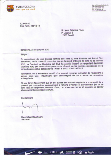 Carta del Barça comunicant l'obertura de l'expedient