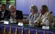 Salvador Alegret, Ferran Mascarell, Joandomènec Ros i Marcel Mateu, a l'acte inaugural de 46ª edició de la Universitat Catalana d'Estiu