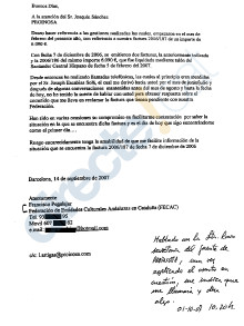 Carta de la FECAC a l'empresa PROINOSA(seguint instruccions del CCB) reclamant el pagament d'una factura perduda