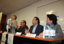 Els ponents de la primera conferència del Congrés de l'Espai Català Transfronterer celebrat aquest 2 de març de 2017 a Perpinyà