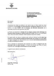 Imatge de la carta que ha enviat l'alcalde de Lleida, Àngel Ros, als veïns que viuen en habitatges on hi ha plaques franquistes