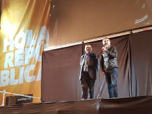 Jordi Cuixart i Jordi Sànchez a Plaça Catalunya l'1-O