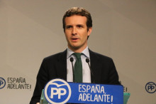El vicesecretari de Comunicació del PP, Pablo Casado, en roda de premsa a la seu de Génova