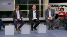 El director de TV3, Vicent Sanchís, el de Catalunya Ràdio, Saül Gordillo i el de l'ANC, Marc Colomer, a la roda de premsa per mostrar el posicionament davant el 155