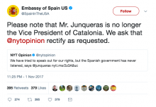 Captura del Twit de l'ambaixada espanyola als EUA