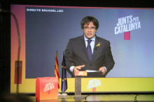 El cap de llista de JxCat, Carles Puigdemont, intervé des de Brussel·les a l'acte de la candidatura a Igualada