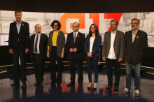 Els candidats per a les eleccions del 21-D abans del debat a TV3: Xavier Garcia Albiol, Miquel Iceta, Marta Rovira, Jordi Turull, Inés Arrimadas, Xavier Domènech i Carles Riera