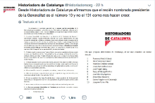 Una captura de pantalla del tuit d'Historiadors de Catalunya