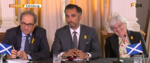 Imatge de la compareixença de Quim Torra i Clara Ponsatí des d'Escòcia