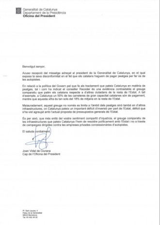 Contesta de la Presidència de la Generalitat a un ciutadà fart de pagar