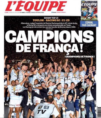 L’Equipe: “Campions de França” portada en català, homenatge a la final de la lliga francesa celebrada a Barcelona (Nou Camp)