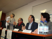 Els ponents de la primera conferència del Congrés de l'Espai Català Transfronterer celebrat aquest 2 de març de 2017 a Perpinyà