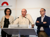 El president del grup de JxSí, Jordi Turull, la portaveu, Marta Rovira, i el diputat Lluís Llach