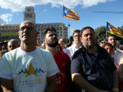 El vicepresident del Govern, Oriol Junqueras, amb els consellers Romeva, Serret, Mundó, Bassa i Comín, a la Diada del Sí