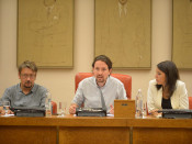 Pablo Iglesias en roda de premsa després de la reunió amb els portaveus de Catalunya En Comú, Marea i IU
