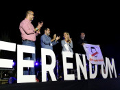 Els presidents de les entitats sobiranistes, Miquel Buch (ACM), Neus Lloveras (AMI), Jordi Sànchez (ANC) i Jordi Cuixart (Òmnium) a l'acte unitari dels sobiranisme abans de l'1-O