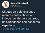 Una captura de pantalla del Twitter d'Antena 3