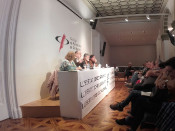Imatge de l'acte de La Crida amb Núria Camps, Àngel Colom, Carles Riera i Enric Marín