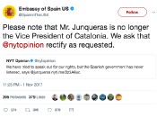 Captura del Twit de l'ambaixada espanyola als EUA
