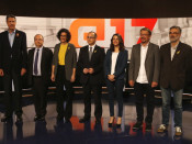 Els candidats per a les eleccions del 21-D abans del debat a TV3: Xavier Garcia Albiol, Miquel Iceta, Marta Rovira, Jordi Turull, Inés Arrimadas, Xavier Domènech i Carles Riera