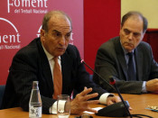 El president de Foment del Treball, Joaquim Gay de Montellà, i el secretari general de la patronal, Joan Pujol, en roda de premsa