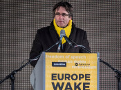 Carles Puigdemont, durant la seva intervenció a l'acte final de la manifestació de Brussel·les