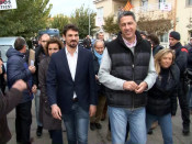El president del PPC, Xavier Garcia Albiol, amb l'alcalde de Gimenells, Dante Pérez, i la ministra de Sanitat, Dolors Montserrat
