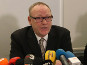 Pla curt de l'advocat anglès Ben Emmerson durant la roda de premsa al despatx Matrix Chambers de Londres