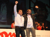 Pla general de Camil Ros i Matías Carnero durant la proclamació com a secretari general i president de la UGT catalana respectivament