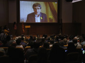 L'expresident de la Generalitat Carles Puigdemont intervé a través d'una videoconferència a l'acte de presentació de Crida Nacional per la República